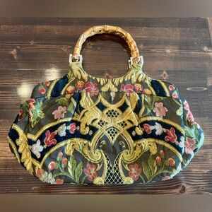 Vintage Talbots Floral Embroidered Handbag with Bamboo Handle
